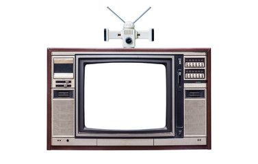 classic vintage retro Style old  television with cut out screen,old  television with old tv antennaon isolated background.