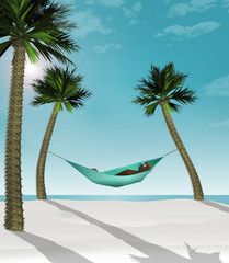 A man relaxes on tropical beach in a hammock./