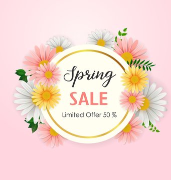 Spring sale background with beautiful flower and round frame