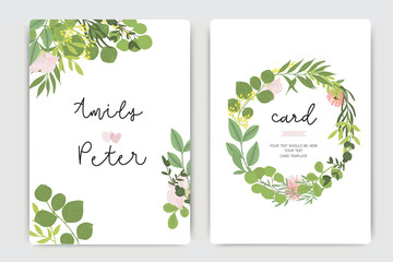 Wedding Invitation, floral invite thank you, rsvp modern card Design in pink flower  with summer leaf greenery  branches decorative Vector elegant rustic template