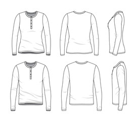 Blank clothing templates of male and female long sleeved button tee in front, side, back views. Vector illustration isolated on white background.