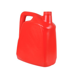 Red canister with engine oil or ubricant isolated on white background.