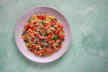 Mexican black bean corn quinoa salad. Top view