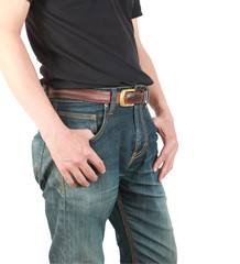 close-up of man's right hand resting at the side of his jeans isolated on whiye blackground
