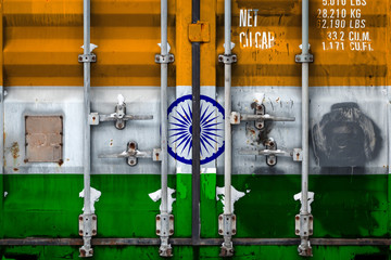 Close-up of a container with the national flag of India. The concept of export-import India and the national delivery of goods.