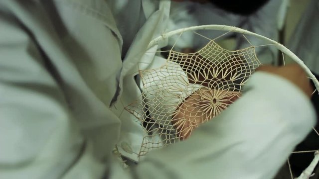 Argentine School Girl working on a Randa Handmade Lace in Art Class, The Randa is a Traditional Embroidery in Tucuman Province, Argentina. Closeup. 