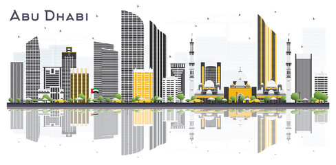 Abu Dhabi UAE City Skyline with Gray Buildings and Reflections Isolated on White Background.