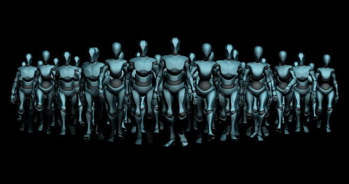 Large crowd of male and female androids advance toward camera. No-fringe object and shadow transparency mask works perfectly with any background. Shadow can be seen in mask.