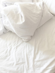 White Pillow On Bed And With Wrinkle Messy Blanket In Bedroom, From Sleeping In A Long Night Winter