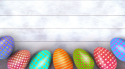 Colorful Easter eggs decorated with different patterns on wooden background. Top view