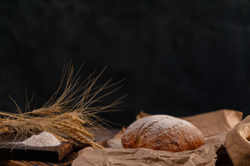 Homemade rye bread and spikelets close-up on a dark background. The concept of healthy food and traditional bakery.