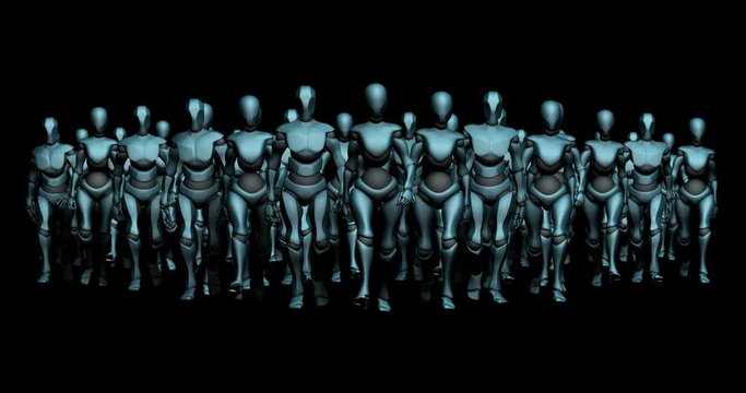 Large crowd of male and female androids advance toward camera, slow motion. No-fringe object and shadow transparency mask works perfectly with any background. Shadow can be seen in mask.