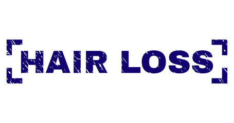 HAIR LOSS text seal print with corroded texture. Text caption is placed inside corners. Blue vector rubber print of HAIR LOSS with corroded texture.