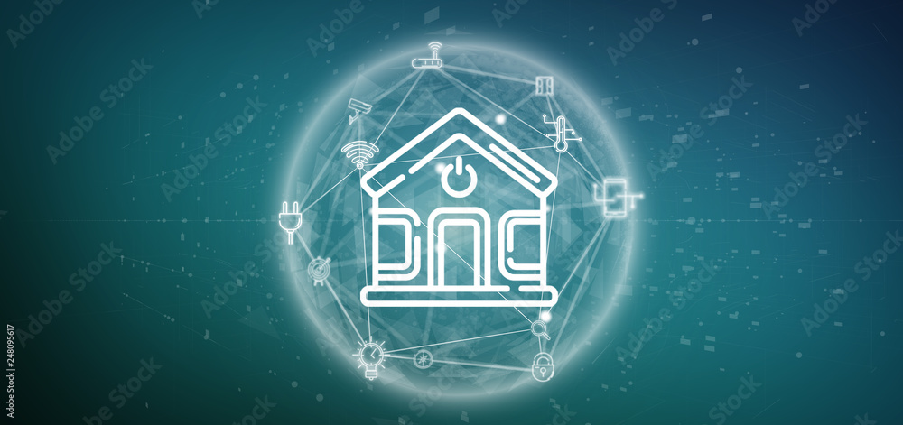 Poster smart home interface with icon, stats and data 3d rendering