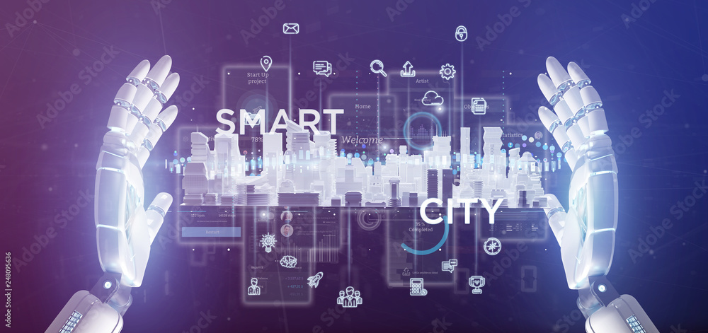Poster cyborg hand holding smart city user interface with icon, stats and data 3d rendering