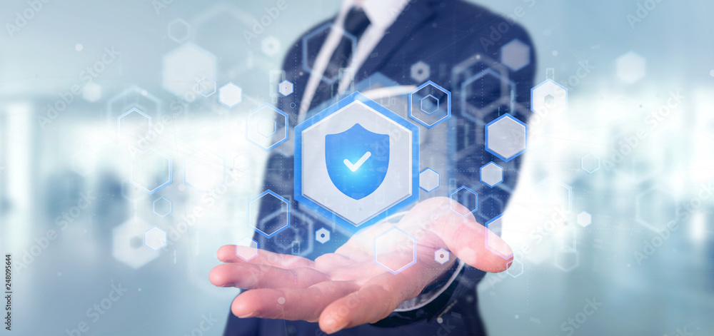 Poster man holding a shield web security concept 3d rendering