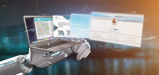 Cyborg hand holding a Website application going out a laptop screen 3d rendering