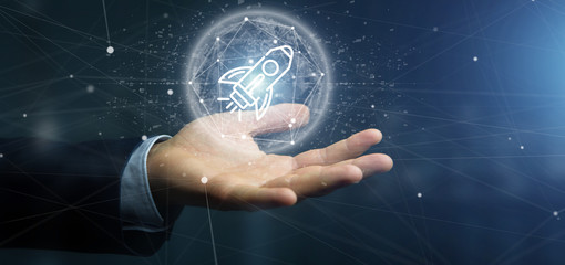 Businessman holding a  start up rocket on a sphere 3d rendering