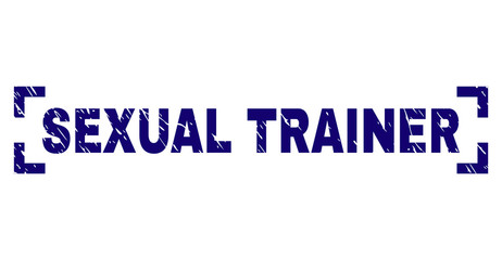 SEXUAL TRAINER text seal print with corroded texture. Text title is placed between corners. Blue vector rubber print of SEXUAL TRAINER with scratched texture.