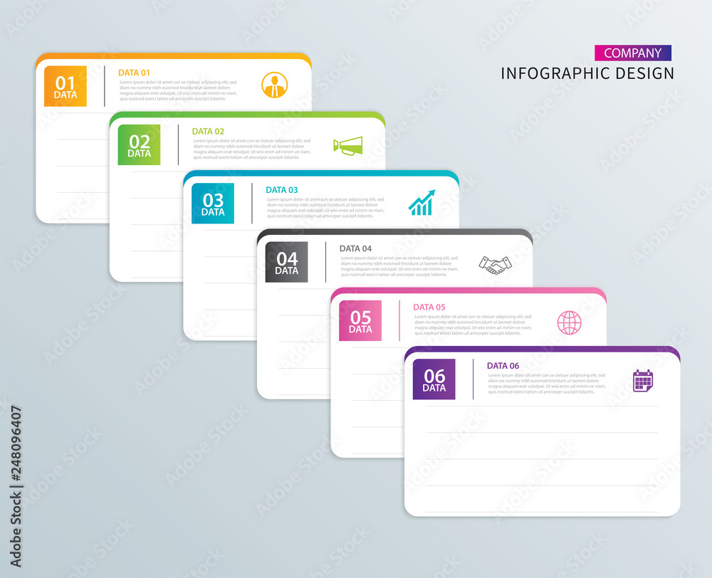 Poster infographics tab paper index with 6 data template. vector illustration abstract notebook background.