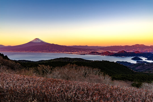 Panorama View of Mt. Fuji at sunset from Darumayama Hill