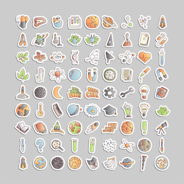 Cute Cartoon Icons On Science, School, Study Theme. Physics, Chemistry, Astronomy And Other Sciences - Vector Illustrations Of Icons For Children. Back To School Educational Icons, Science Cartoon