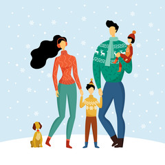 Happy family consisting of mother, father, son and daughter holding hands and walking with dog in snowy winter, welcoming Christmas and New year. Flat vector illustration.