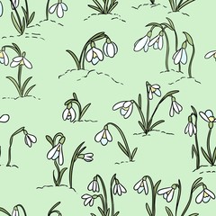 Cute snowdrops flowers seamless pattern. Beginning of spring