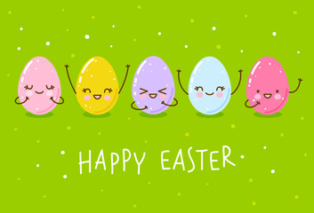 Easter greeting card with cute happy eggs
