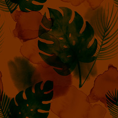 Tropische aquarel naadloze patroon, botanische moderne mode. Boheemse exotische Monstera textielontwerp. Winter, zomer vintage mode prints, eclectisch geschilderd bloemmotief. Druppels en Monstera.