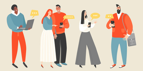 Obraz premium Collection of vector illustrations of young people chatting in messenger using phones or laptops