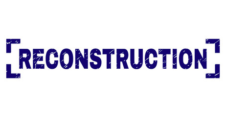 RECONSTRUCTION tag seal print with grunge texture. Text title is placed inside corners. Blue vector rubber print of RECONSTRUCTION with dirty texture.