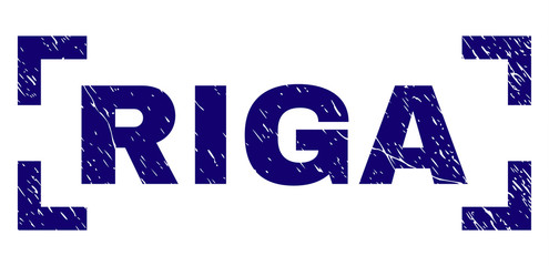 RIGA tag seal print with grunge texture. Text caption is placed inside corners. Blue vector rubber print of RIGA with grunge texture.