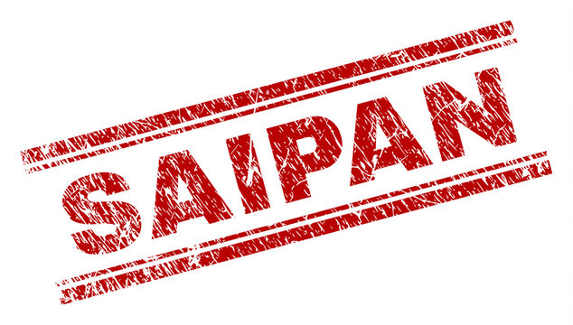 SAIPAN seal print with distress texture. Red vector rubber print of SAIPAN text with retro texture. Text title is placed between double parallel lines.