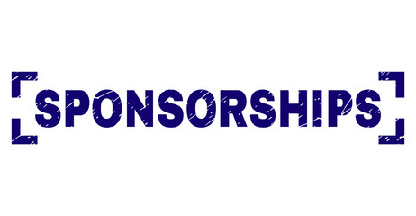 SPONSORSHIPS title seal print with grunge texture. Text caption is placed between corners. Blue vector rubber print of SPONSORSHIPS with unclean texture.