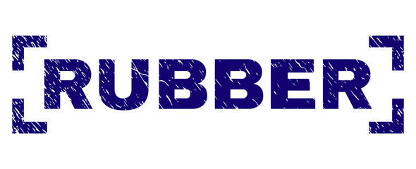 RUBBER caption seal print with distress texture. Text label is placed inside corners. Blue vector rubber print of RUBBER with grunge texture.