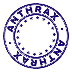 ANTHRAX stamp seal imprint with grunge texture. Designed with circles and stars. Blue vector rubber print of ANTHRAX title with dirty texture.