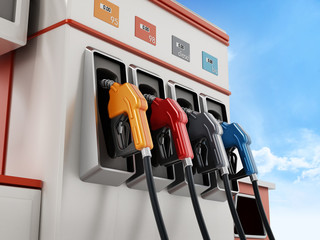 Modern fuel pump on blue sky background. 3D illustration - obrazy, fototapety, plakaty