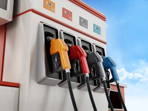 Modern fuel pump on blue sky background. 3D illustration