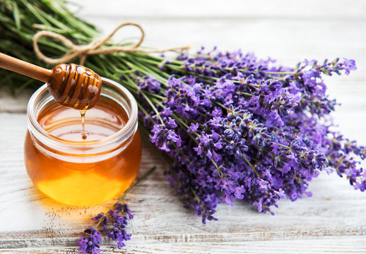 Jar with honey and fresh lavender