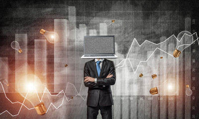 Businessman with laptop instead of head.