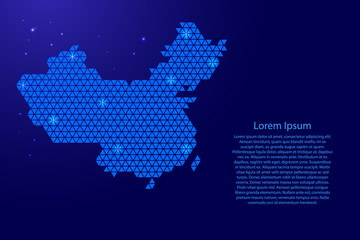 China map abstract schematic from blue triangles repeating pattern geometric background with nodes for banner, poster, greeting card. Vector illustration.