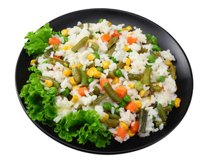 black plate with white rice, green peas, canned corn kernels, cut green beans isolated on white background