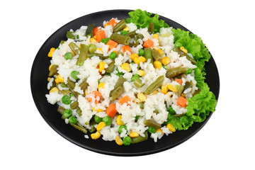 black plate with white rice, green peas, canned corn kernels, cut green beans isolated on white background
