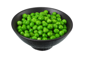 green peas in black bowl isolated on white background