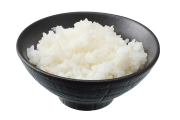 White rice in black bowl isolated on white background.