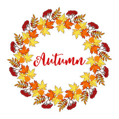 Autumn hand drawn wreath with fall leaves