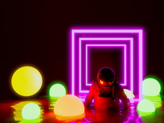 astronaut  and rectangle neon light background , 3d render