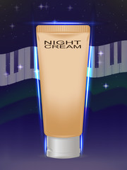 beige cosmetic tube in radiance. against the starry sky. fluttering piano keys. design of cosmetic products