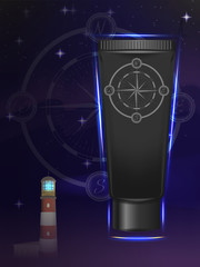 black cosmetic tube with shining blue edges. background of starry sky and lighthouse. a symbol of Maritime navigational compass. design of cosmetic products